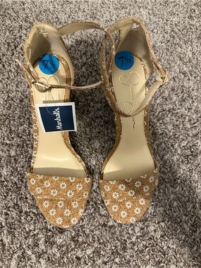 Jessica Simpson Tan Floral Ankle-Strap Heels